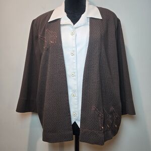 Allison Daley Petite Brown Giraffe Print Button Down 3/4 Sleeve Top Women's 14